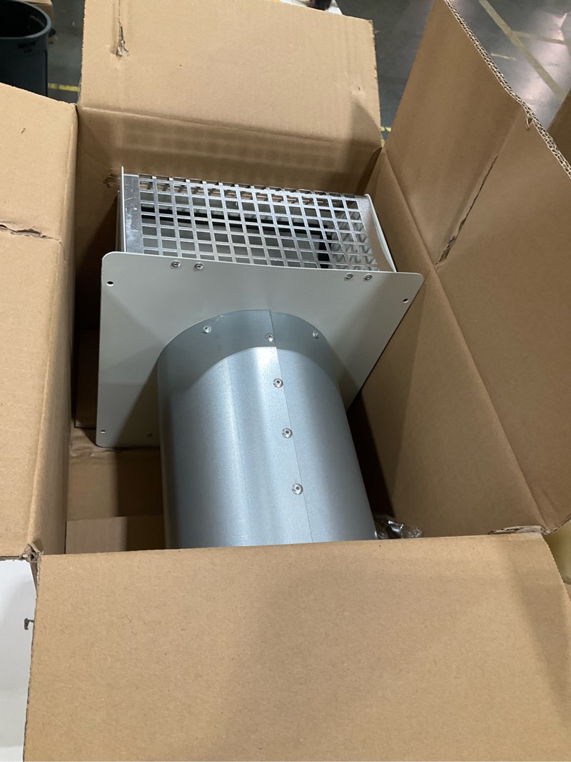 Condition photo showing Good Condition for 6 inch wall vent cover with damper & screen, exterior hooded exhaust vent cap for kitchen range hood, dryer, bathroom fan, hvac duct, outdoor air ventilation, galvanized steel, white