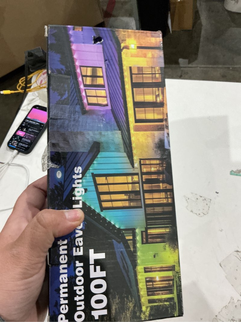 Condition photo showing As Is for permanent outdoor lights, 100ft smart eave lights with rgb led light, ip67 waterproof, app control, diy rgb light for house halloween decorations