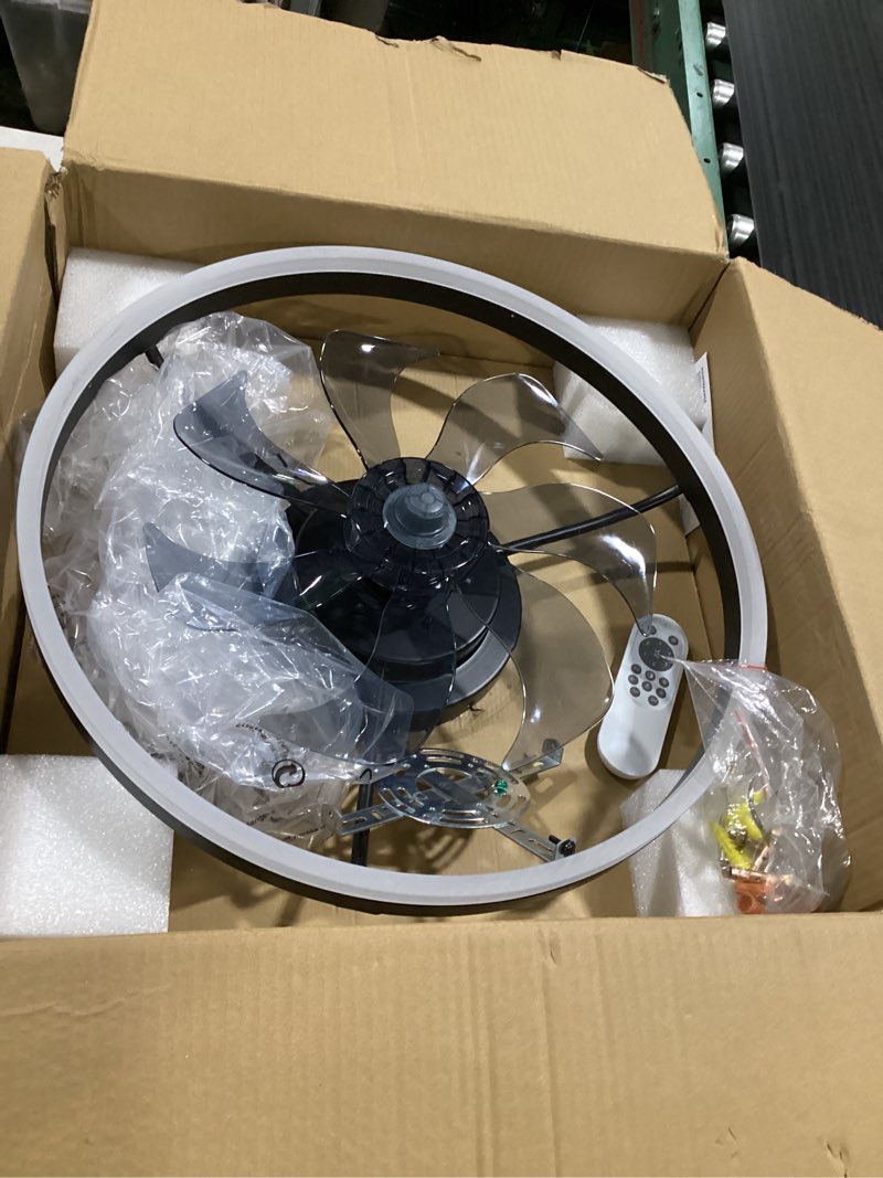 Condition photo showing As Is for sterren 20'' modern low profile ceiling fan with light, bedroom led ceiling fan with remote control, bladeless flush mount black fan lights ceiling fixtures for living room,small room