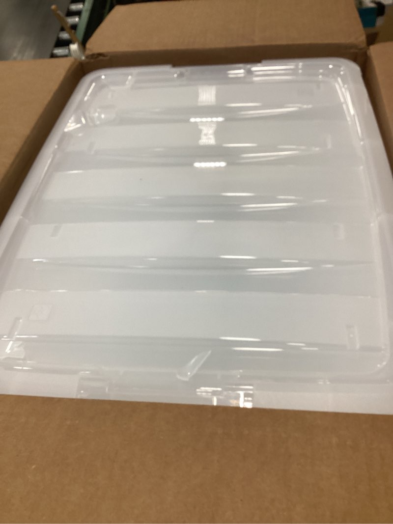 Condition photo showing New/Like New for IRIS USA 54 Qt Stackable Plastic Storage Bins with Lids, 4 Pack - BPA-Free, Made in USA - See-Through Organizing Solution, Latches, Durable Nestable Containers, Secure Pull Handle - Clear Clear 54 Qt 4 Pack