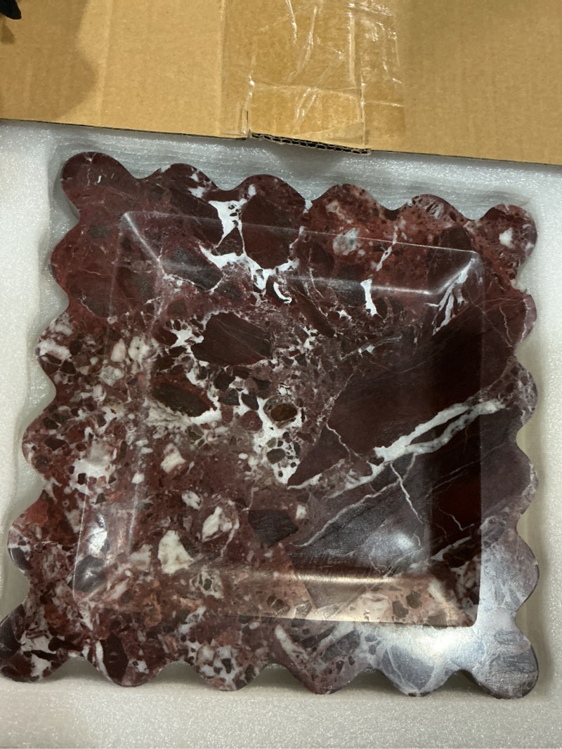 Condition photo showing Good Condition for square marble decorative tray with scalloped edge, luxury natural stone bathroom vanity tray, dresser top perfume coffee home kitchen sink tray, key trinket ring 8" x 8" x 0.7" rosso lepanto