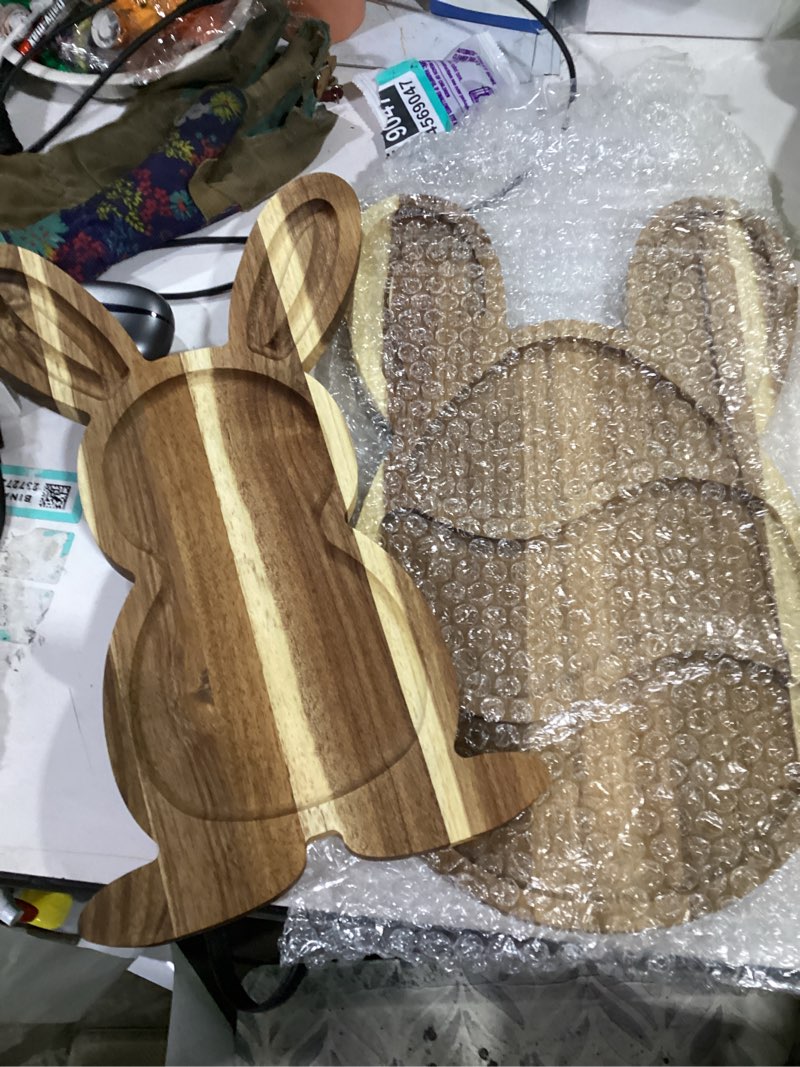 Condition photo showing New/Like New for pickmesh 2 pack easter plates bunny wooden serving platter rabbit egg acacia wood cutting board with groove easter serving tray dinner dessert fruit bread plates for kitchen restaurant home parties
