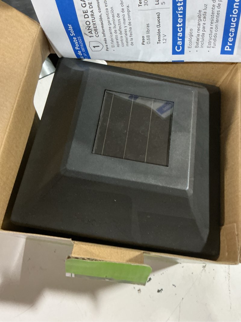 Condition photo showing As Is for mainstays 5 lumen solar powered outdoor integrated led landscape post cap light, black