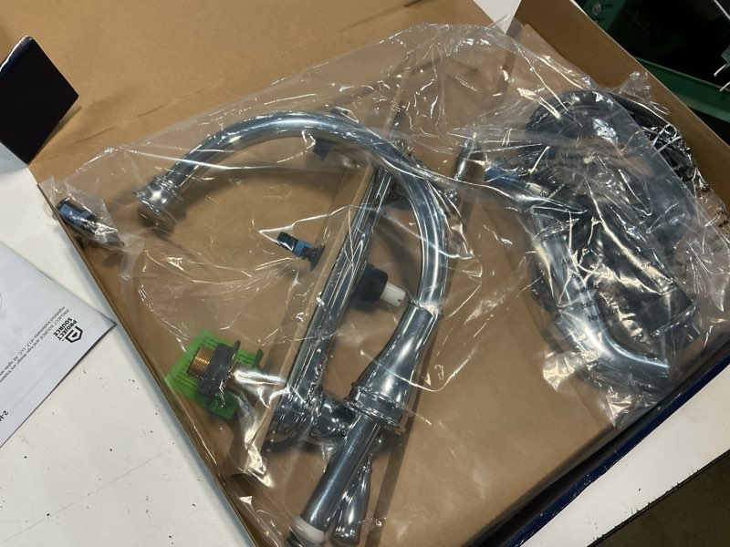 Condition photo showing Good Condition for project source brice polished chrome double handle deck-mount kitchen faucet ( deck plate included ) ( side sprayer included )