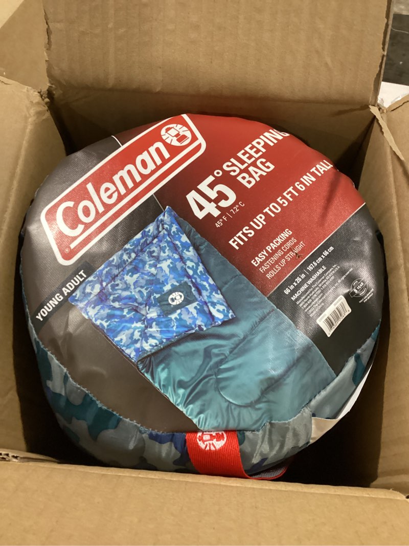 Condition photo showing As Is for Coleman Kids 45°F Sleeping Bag for Children up to 5ft 5in Tall, Lightweight & Warm Sleep Sack for Indoor/Outdoor Use, Machine Washable Pfas-free Blue