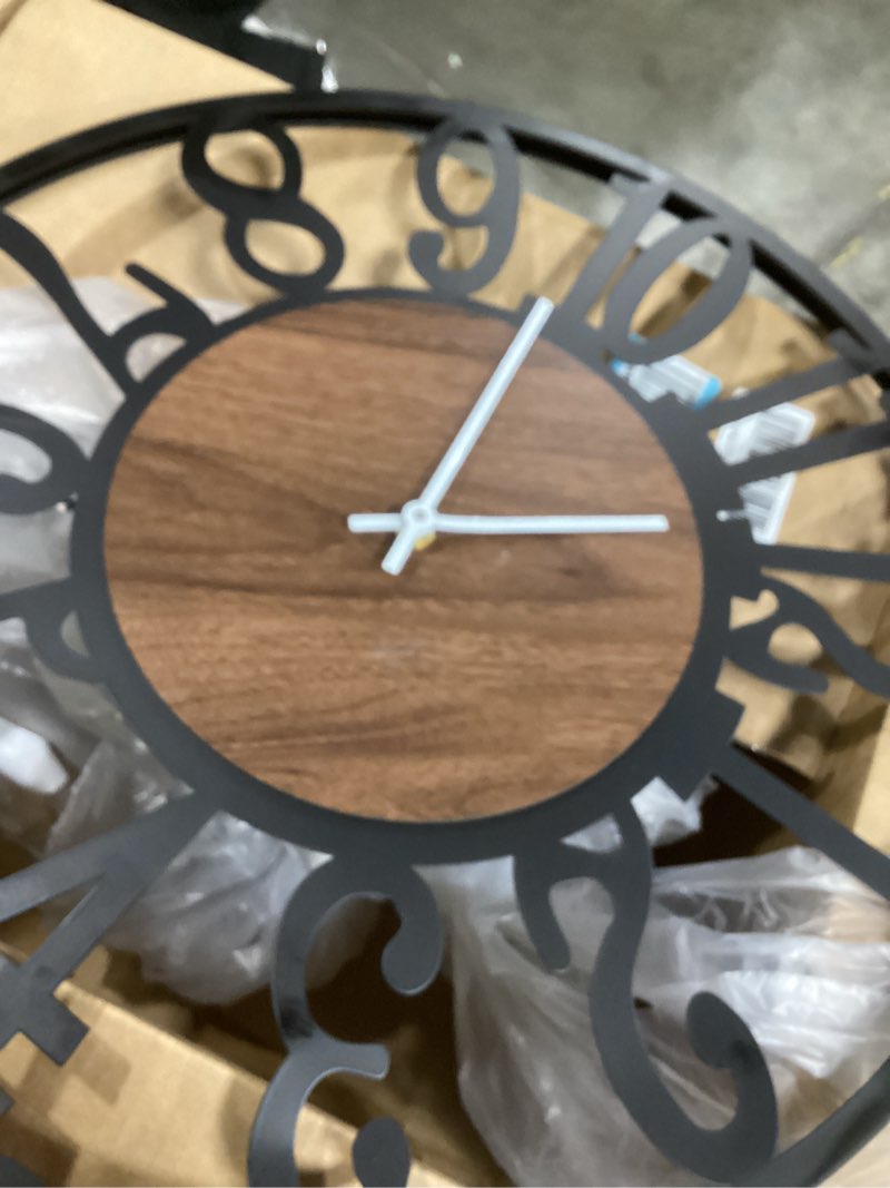 Condition photo showing Good Condition for 20'' Ultra-Silent Wall Clock with Night Light, Glow in The Dark Decorative Wall Clock Battery Operated, Rustic Modern Metal & Wood Clocks for Bedroom Living Room Decor, Arabic Numerals Black Walnut - Arabic Numerals 20 inch