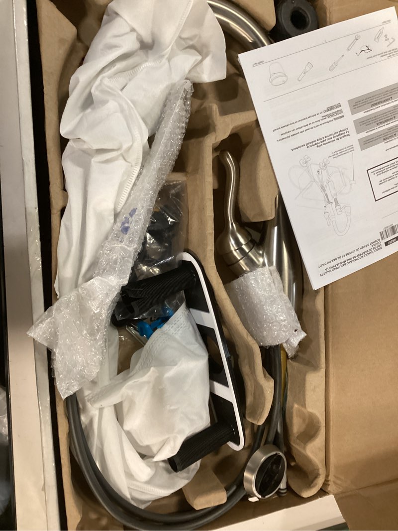 Condition photo showing As Is for Delta Leland Brushed Nickel Kitchen Faucet with Pull Down Sprayer, Traditional Single Hole Kitchen Sink Faucet, Single Handle, SpotShield Stainless 9178-SP-DST SpotShield Stainless Standard Activation