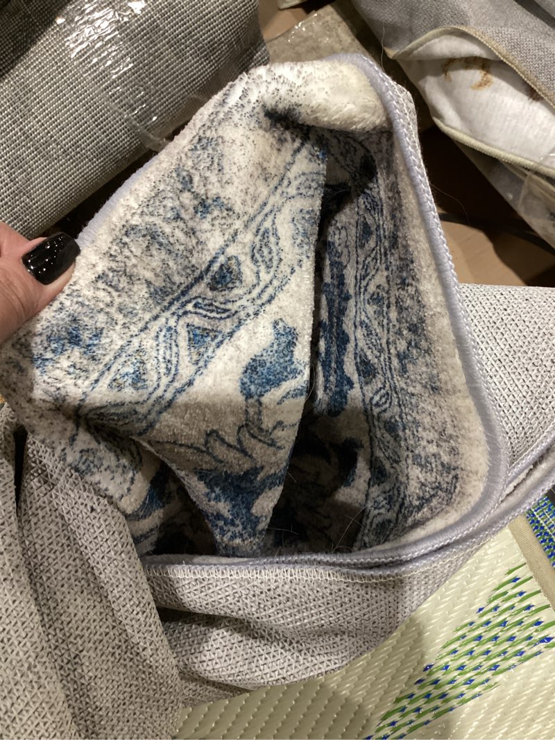 Condition photo showing As Is for kozyfly round rug 6 ft rugs for entryway washable circle rug non slip round living room rugs printed faux wool vintage round dining room floor carpet for living room, entryway, bedroom, blue 6' (round) blue/brown/white
