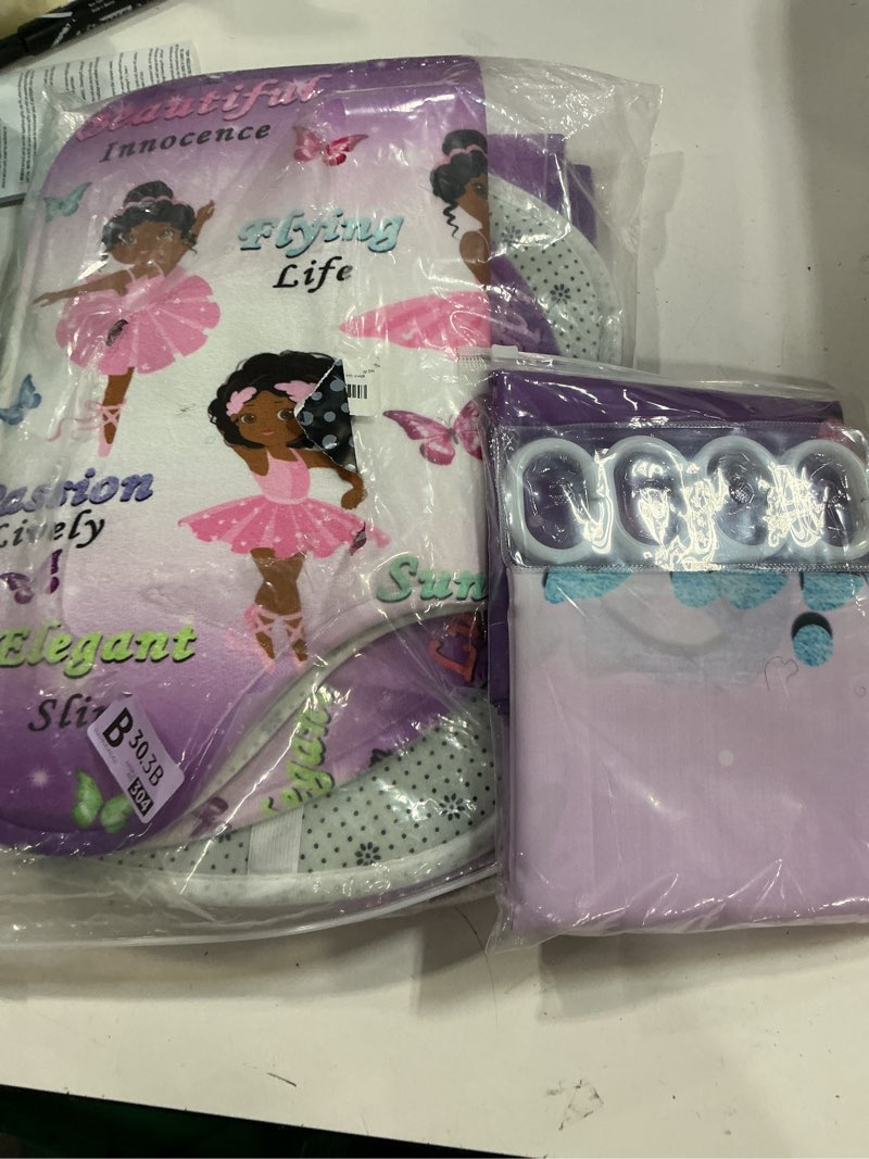 Condition photo showing Good Condition for black girl bathroom set - 70x70 inch, includes shower curtain, rugs & accessories for kids' bathroom decor pt-248
