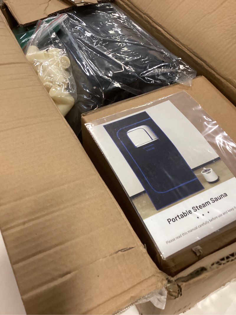 Condition photo showing Good Condition for Upgraded Sauna Box for Relaxation, Detoxification, Portable Sauna for Home with Steamer, Remote Control, Folding Chair, 9 Levels, 2.6’ x 2.6’ x 5.9’ Black