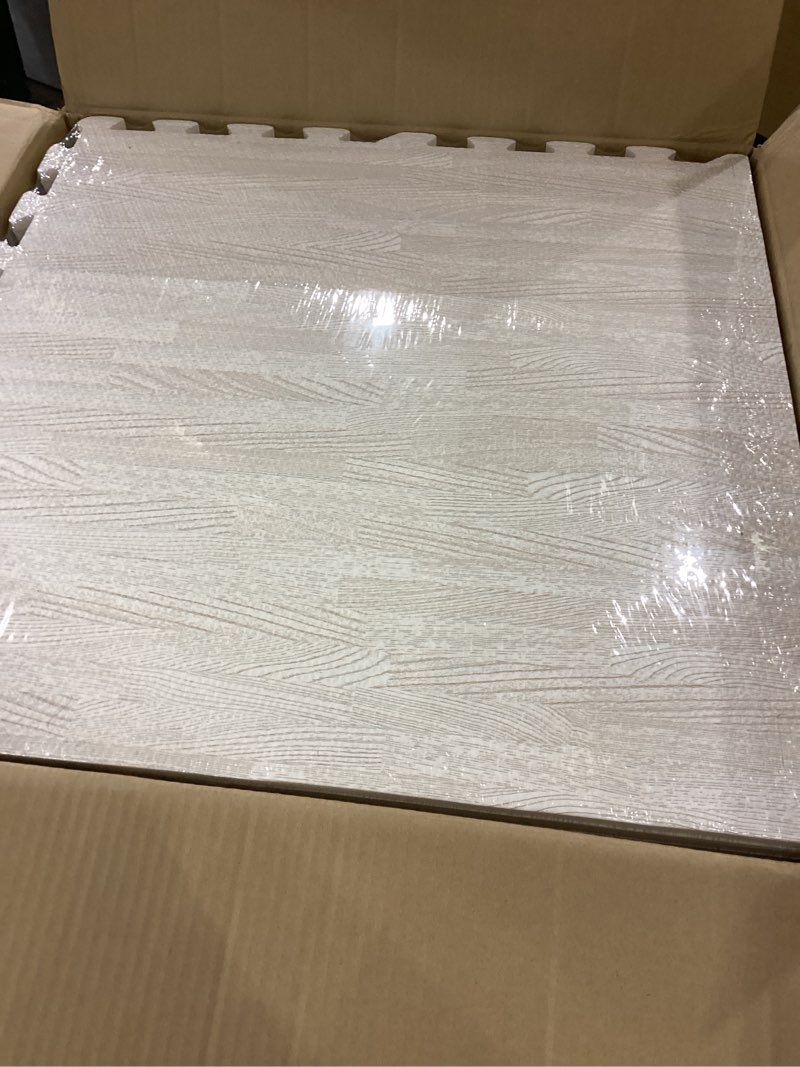 Condition photo showing New/Like New for Nisorpa 78 Sq. Ft 2/5 Inch Thick Printed Foam Floor Tiles Mats,24" x 24" Wood Grain EVA Interlocking Foam Floor Tiles Decorative Flooring for Home,Gym,Playroom,White