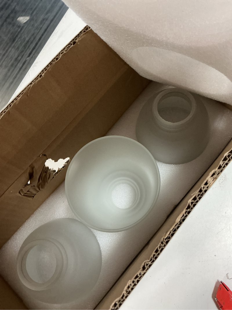 Condition photo showing New/Like New for 3-pack white linen frosted bell glass shade replacements, ceiling fan light covers glass globes lampshades for chandelier vanity lights wall sconces, 1.61" fitter size, 5" high x 4.7" diameter 3 pack, white linen frosted