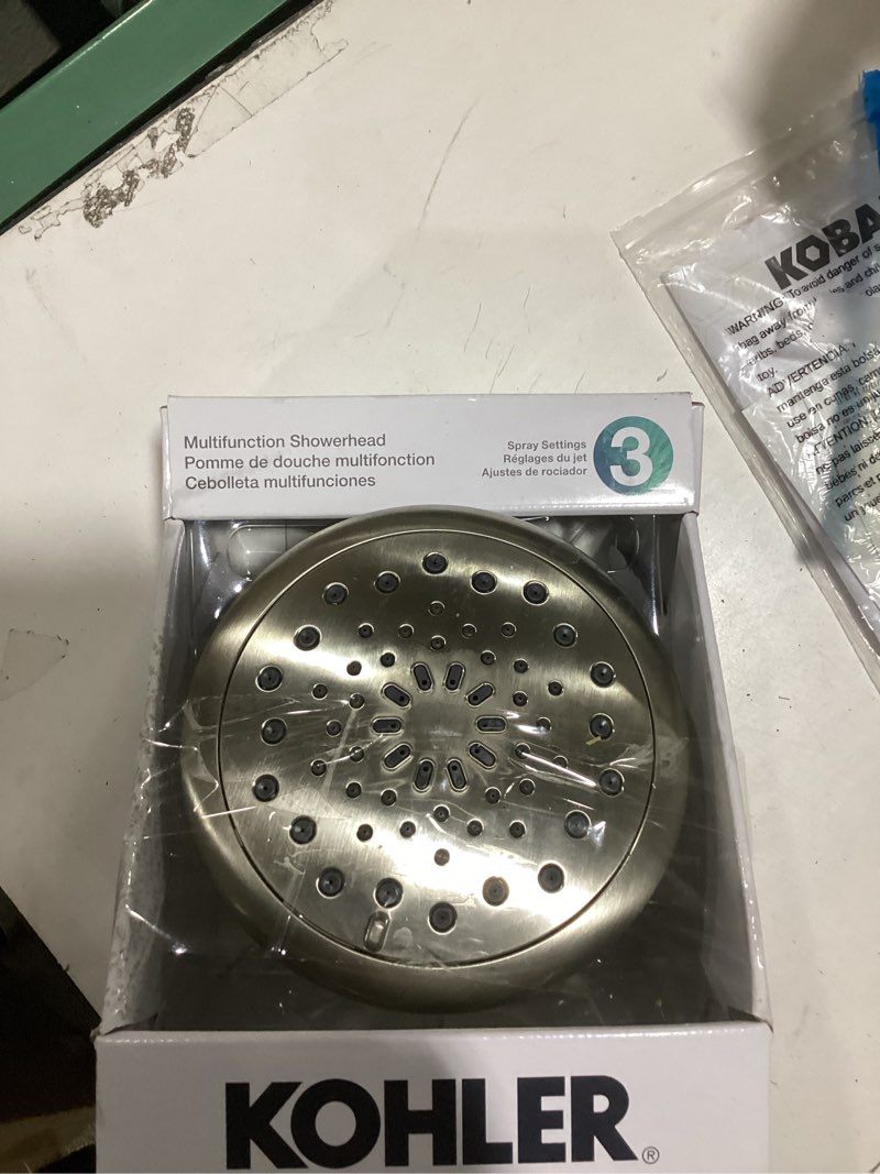 Condition photo showing As Is for **only shower head** kohler avail 3-settings vibrant brushed nickel 5.75-in round fixed shower head 1.75 gpm