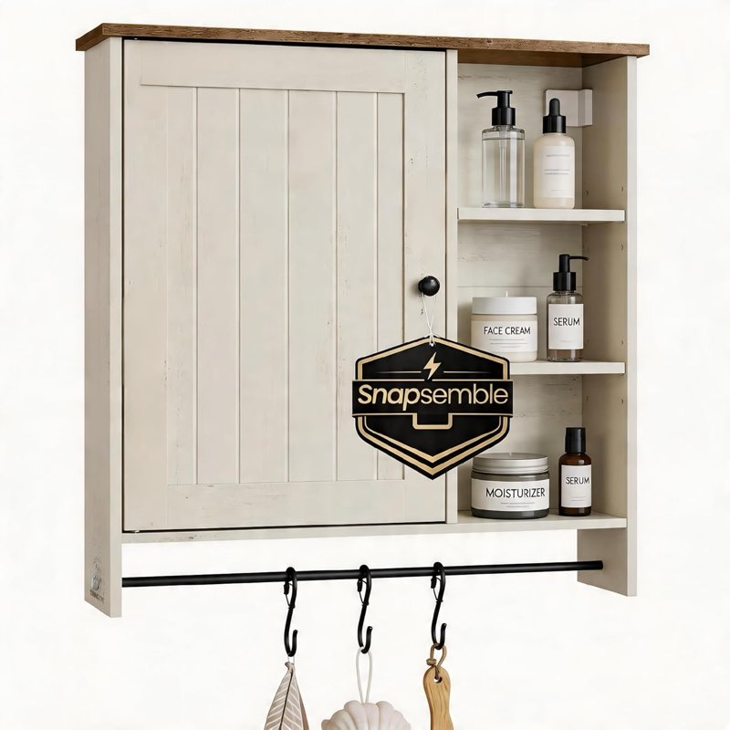 SONGMICS Home Bathroom Wall Cabinet, Snapsemble Superfast Assembly, Over the Toilet Medicine Storage Cabinet with Adjustable Shelves, for Kitchen/Pantry, Rustic White and Honey Brown