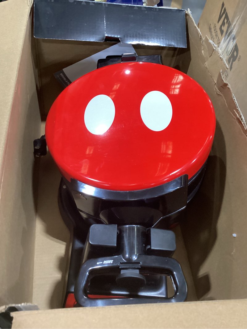 Condition photo showing As Is for Disney Mickey Mouse MIC-62 Double Flip Waffle Maker by Select Brands - Nonstick Mini Waffle Iron with Rotating Design - Makes 6 Mickey Waffles - Variable Shade Control