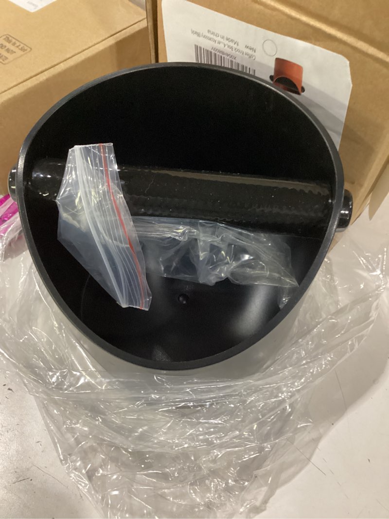 Condition photo showing New/Like New for coffee knock box, 4.6 in, barista style espresso grounds knock box, removable plastic knock rod, non-slip base, espresso maker accessory (black)