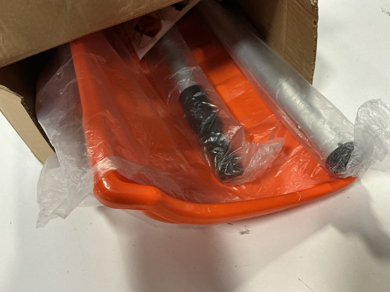 Condition photo showing Good Condition for Snow Pusher Shovel for Driveway, Wide Snow Shovel for Car Garage, Sidewalks and Doorways, Professional Snow Pusher with Ergonomic D-Grip Handle Aluminum Strip, Orange