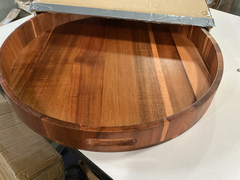 Condition photo showing Good Condition for 20" Extra Large Round Acacia Wood Serving Tray - Heavy Duty Ottoman & Coffee Table Organizer, Decorative Countertop Tray