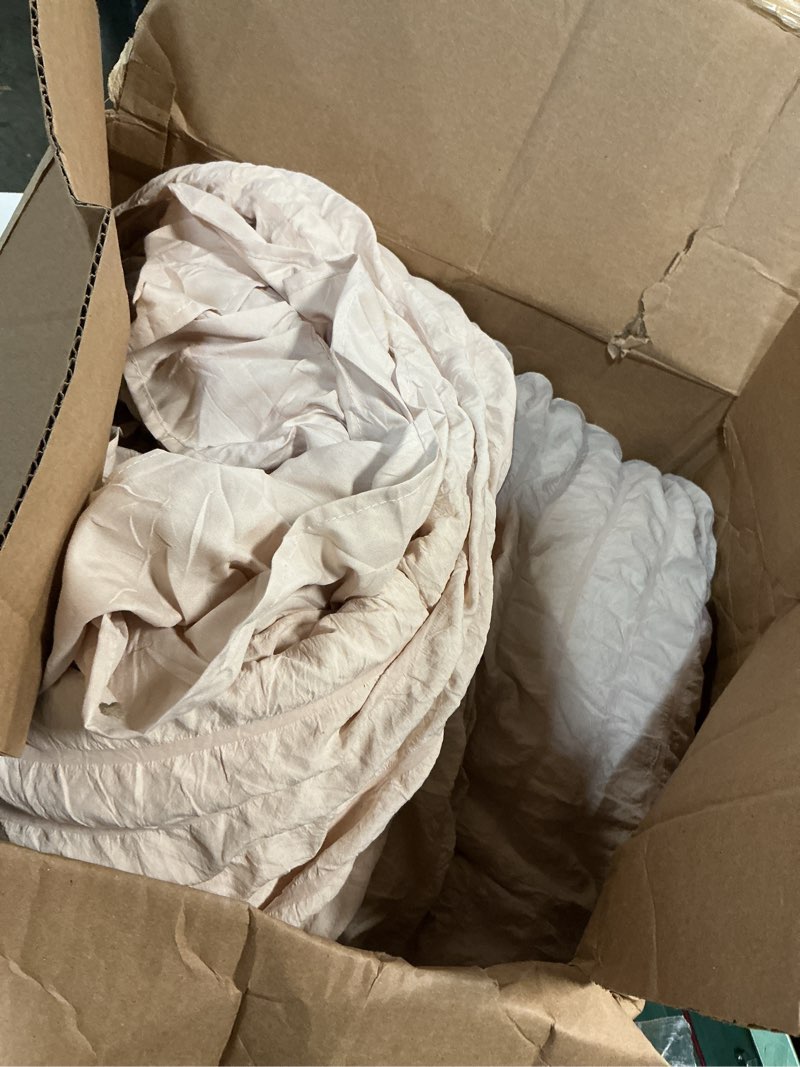 Condition photo showing As Is for jollyvogue beige king comforter set, 3 pieces seersucker comforters king size, lightweight & fluffy bedding sets for all season with 1 ruffle comforter and 2 ruffle pillowshams king beige