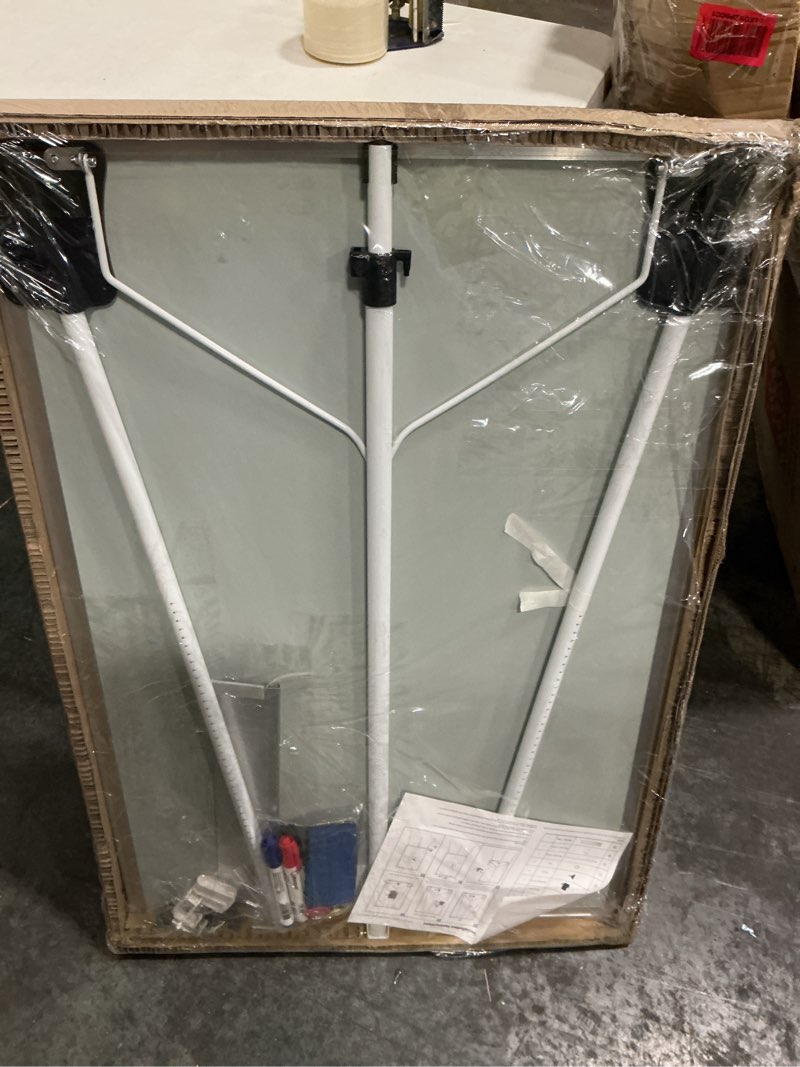 Condition photo showing As Is for easel white board with stand, 36" x 24" magnetic portable dry erase whiteboard, 3' x 2' tripod height adjustable flip chart standing easel for office or teaching kids at home & classroom, silver 24"w x 36"h silver