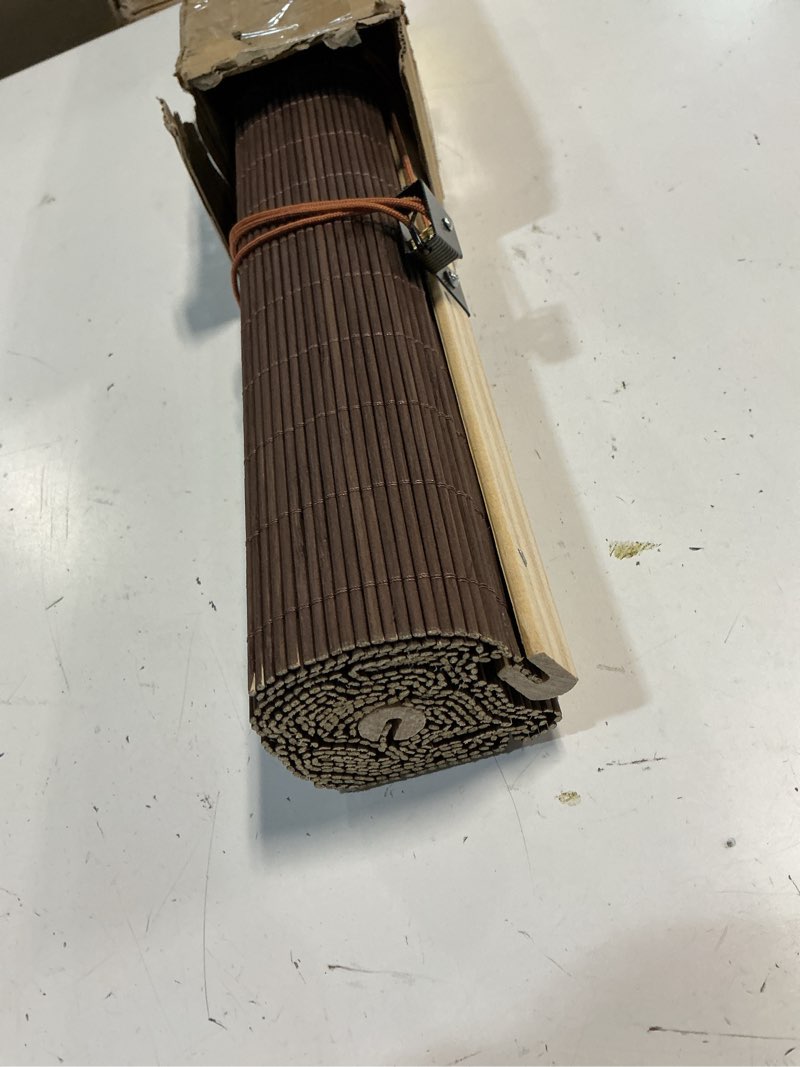 Condition photo showing As Is for bamboo blinds for interior windows, custom bamboo shades for indoor windows, roller shades for indoor window and outdoor patio, easy to install for decks, porches, backyards d 23"w x 36"h
