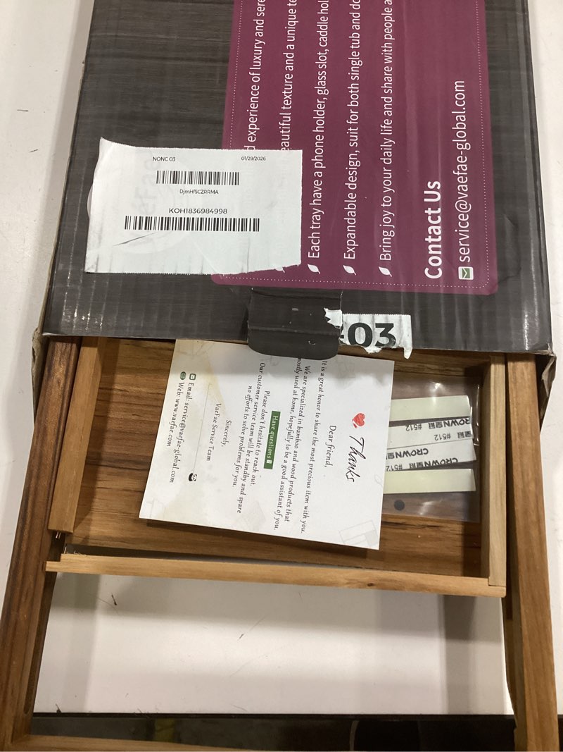 Condition photo showing New/Like New for VaeFae Premium Teak Bathtub Tray, Expandable Wooden Bath Tray for Tub, Luxury Bathtub & Bathroom Accessories, Great House Warming, Anniversary & Wedding and Birthday Gifts (Free Teak Body Brush)