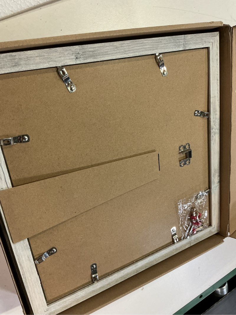 Condition photo showing Good Condition for irahmen 12x12 picture frame set of 4 with tempered glass, smoke gray frame display 10x10 picture with mat or 12 x 12 without mat, wood square photo frames for desktop display and wall mounting smoke gray 12x12