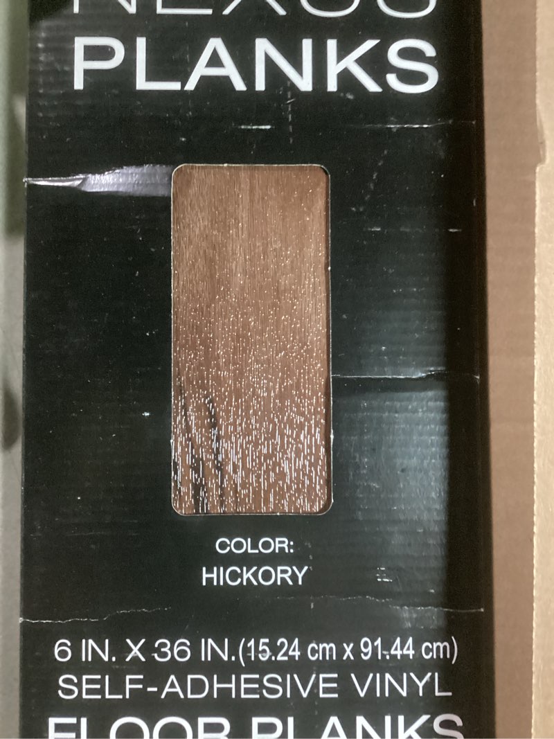 Condition photo showing As Is for vinyl peel and stick floor tile, self-adhesive wood plank, 10-pack (15 square feet) - 6 inch width, 36 inch length, 1.2mm - hickory - easy diy nexus planks for any room by achim home decor 10 planks hickory