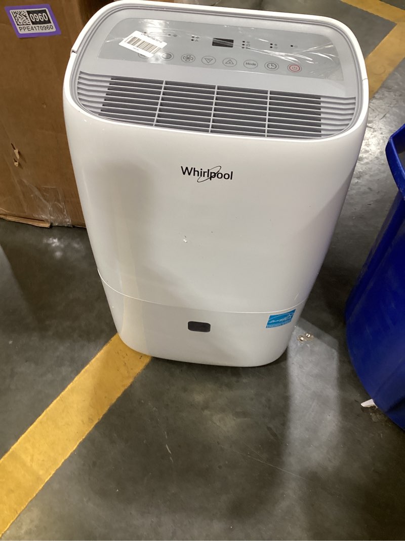 Condition photo showing As Is for whirlpool 50-pint portable dehumidifier for basement, garage, and living room, 115v, dehumidifier for rooms up to 4500 sq. ft. with energy star certification, auto-shutoff, and timer in white 50 pint without pump bright white