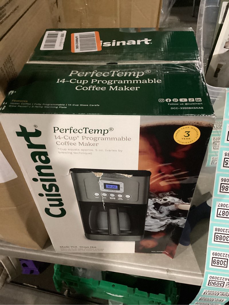 Condition photo showing New/Like New for cuisinart 14-cup coffee maker, programmable perfectemp glass carafe coffee machine with 1-4 cup setting, brew strength control and pause, stainless steel, dcc-3200bksnas, black 14-cup glass black/stainless