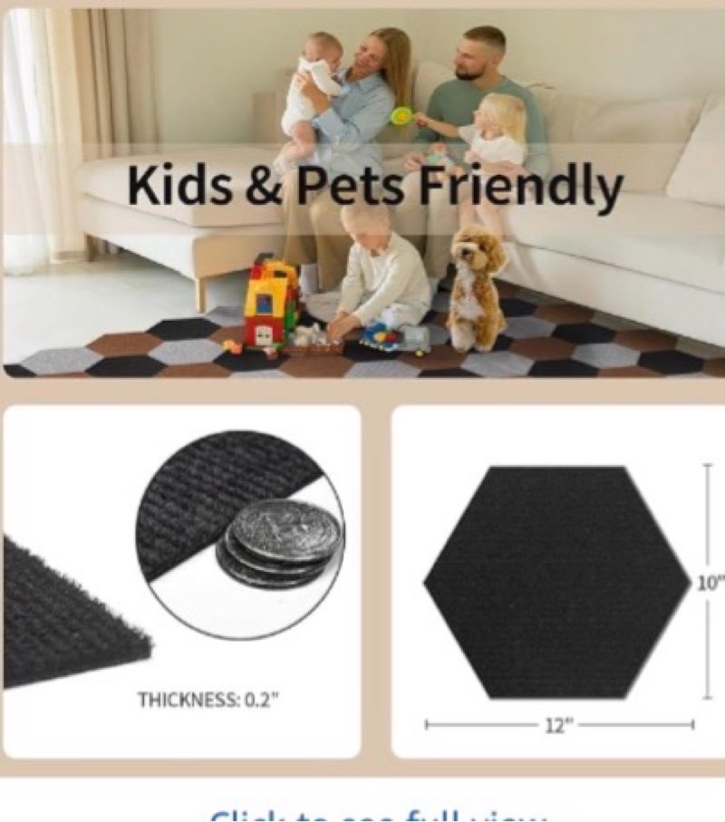 (Incomplete 1 piece only) Carpet Tiles Peel and Stick 12”x 10” Self Adhesive Floor Tiles 1piece  DIY Anti-Slip Reusable Waterproof Hexagon Carpet for Gym Garage Living Bedroom
