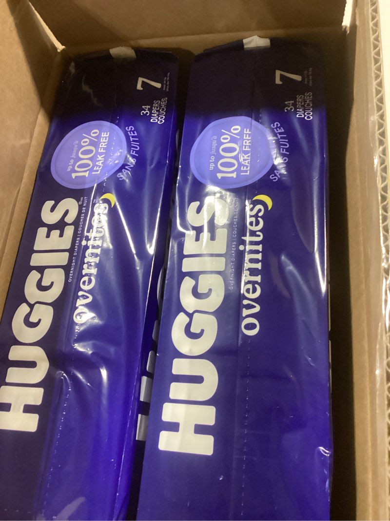 Condition photo showing New/Like New for Huggies Size 7 Overnites Baby Diapers: Overnight Diapers, Size 7 (41+ lbs), 68 Ct (2 Packs of 34), Packaging May Vary Size 7 68