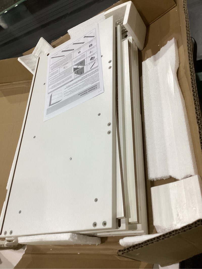 Condition photo showing As Is for woodtalks 3 drawer dresser, wood chest drawers with storage for closet, bedroom, living room and hallway, drawers dresser bedside nightstand, white 13.5"d x 23.6"w x 25.5"h (3 drawers) white