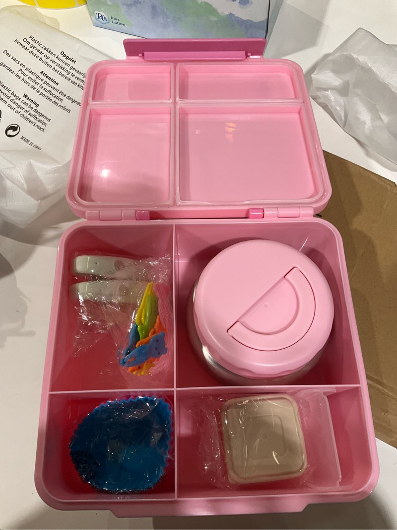 Condition photo showing Good Condition for Bento Lunch Box with 9.5 oz Soup Thermo, Kids Leakproof 4 Compartments Bento Box with Silicone Cupcake,Fruit Fork,Spoon and Sauce Cup,Insulated Food Jar for School Travel-Pink