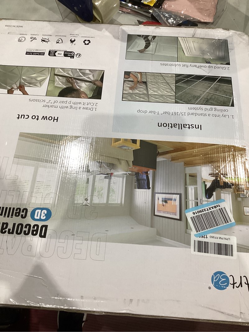 Condition photo showing Good Condition for Art3d 12-Pack Square Black Drop Ceiling Tile 2ft x 2ft, PVC Ceiling Panel 24 x 24in. 24*24 Black 12