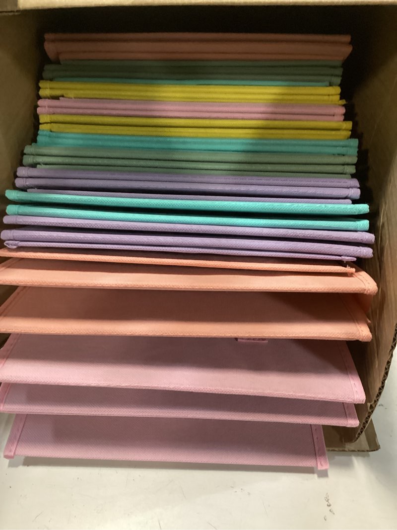 Condition photo showing Good Condition for Fabric Storage Bins 12 Pack 11 inch Foldable Storage Cubes with Handles Fun Colored Durable Cube Storage Bin for Home, Playroom, Closet Organizers and Storage Green, Cyan, Purple, Yellow, Pink, Peach 2 Sets 6 Colors 11 Inch
