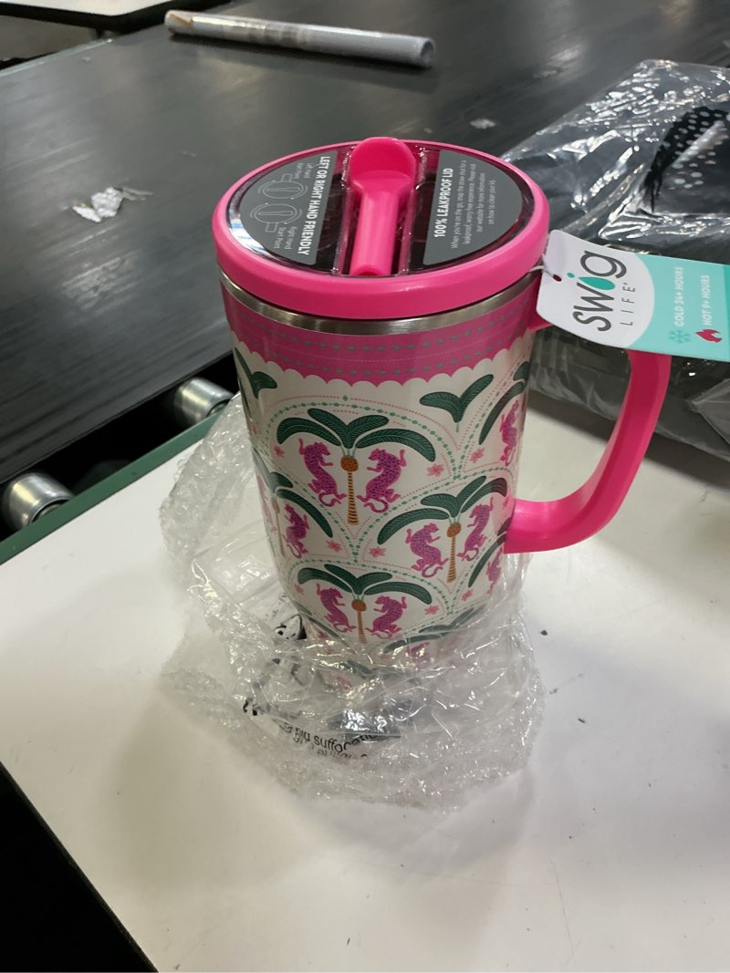Condition photo showing New/Like New for swig life 40oz leak proof mega mug, 40oz leak proof tumbler with handle and straw, extra large insulated tumblers, cup holder friendly travel mug, reusable leakproof water bottle (palm royale) 40 ounces palm royale