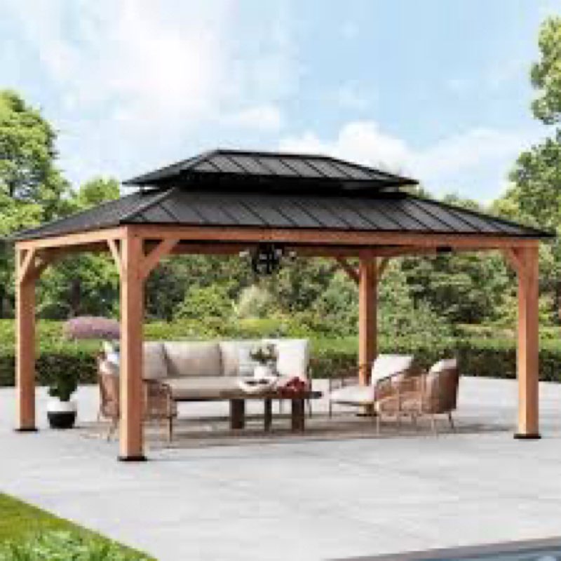 (INCOMPLETE) (BOX 2 OF 6)Rosewood 12 ft. x 16 ft. Premium Cedar  Wood Framed Hard Top Patio Gazebo With 2-Tier Metal Roof Size: 123\" H x 189\" W x 142\" D