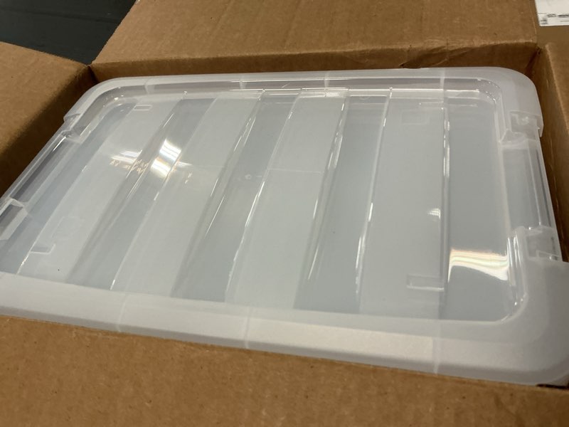 Condition photo showing Good Condition for IRIS USA 4-Pack Storage Bins with Lids, 13 Quart, Made in USA Stackable See-Through Organizing Solution Latches Durable Nestable Containers Secure Pull Handle, BPA-Free Plastic Clear 13 Qt 4 Pack