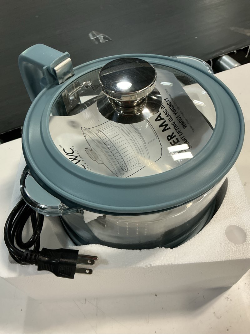 Condition photo showing New/Like New for cook with color glass mini low carb rice cooker – holds 2 cups raw/makes 6 cups cooked with auto lift filter basket, hotpot & steamer for rice, grains, digital panel with keep warm, slate blue