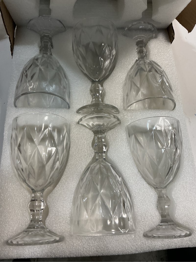 Condition photo showing New/Like New for SOUJOY 6 Pack Glasses Goblet, 10oz Vintage Embossed Glass Cup, Beverage Stemmed Party Wine Glasses for Soda, Juice in Bars, Restaurants, Home