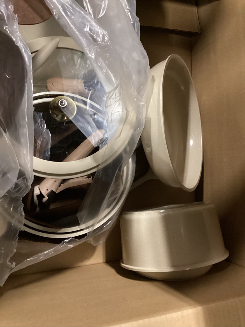 Condition photo showing As Is for CAROTE 18Pcs Ceramic Cookware Set with Detachable Handle, Pots and Pans Set Non Stick, Non Toxic Cookware Set Removable Handles, Induction Kitchen Cookware Sets, Dishwasher/Oven Safe