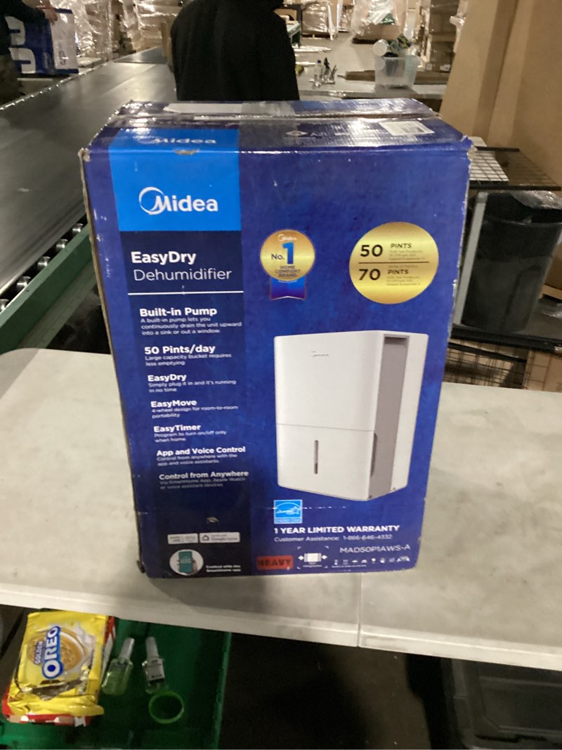 Condition photo showing New/Like New for midea 4,500 sq. ft. dehumidifier with pump included, 50 pint - ideal for basements, large & medium sized rooms, and bathrooms (white) 4,500 sq. ft. with pump - wifi