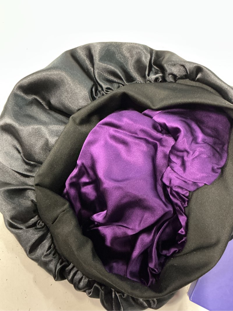 Condition photo showing Good Condition for umisleep 22 momme 100% real mulberry silk bonnet for sleeping women, large hair care bonnet for long curly hair, double layer silk wrap with soft elastic band, non-slip sleep cap, black+purple