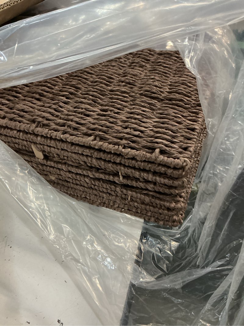 Condition photo showing Good Condition for handwoven paper woven cube basket organizer with handles set of 4 foldable storage baskets for bedroom living room cubby storage units for clothes books toys (brown, 13" l x 13" w x 13" h) brown 13" l x 13" w x 13" h