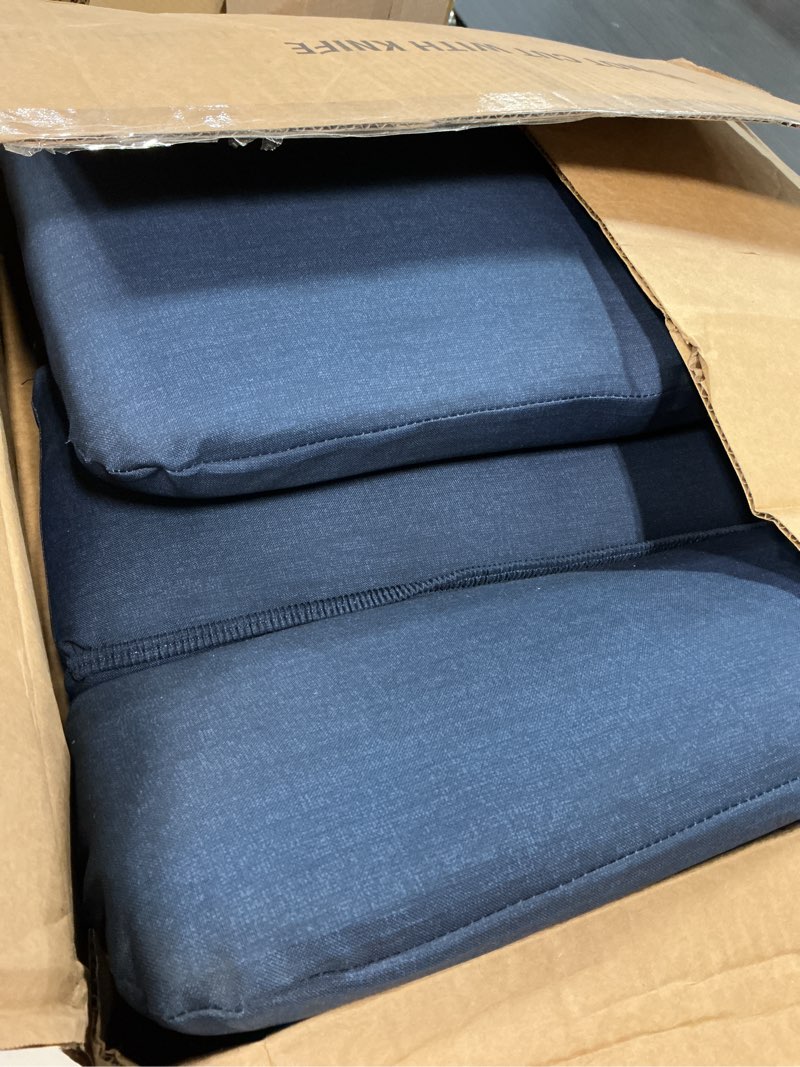 Condition photo showing Good Condition for arden outdoor adirondack or rocking chair cushion, 20 x 17, rain-proof, fade resistant 20 x 17, sapphire blue leala sapphire blue leala standard adirondack