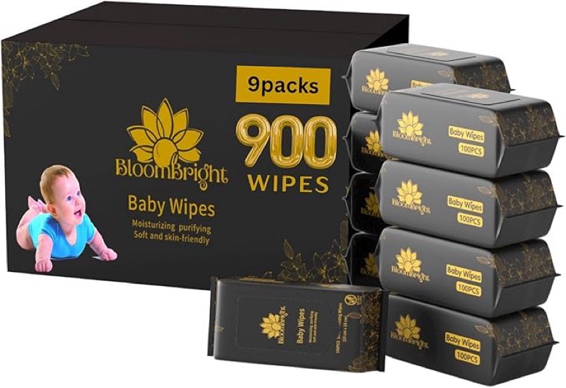 BloomBright Unscented Baby Wipes Hypoallergenic Soft Durable Safe for Sensitive Skin 900 Count 9 Packs Plastic Free Gentle Cleansing Ideal for Newborns