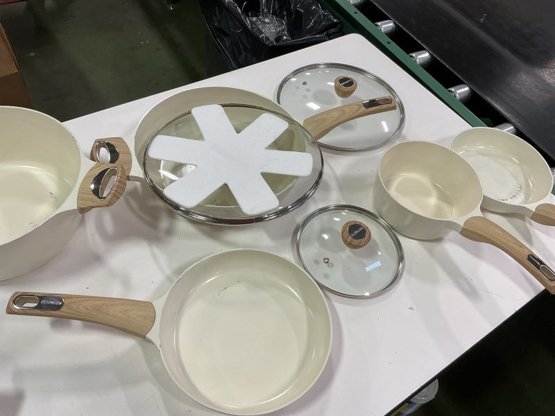 Condition photo showing Good Condition for (Incomplete, only 9 pieces)SENSARTE Ceramic Cookware Set, Pots and Pans Set Non stick, 14-Piece Induction Cookware, Non toxic Healthy Non Stick Kitchen Cooking Set, with Frying Pans Set, PFAS PTFE PFOA PFOS Free Ceramic White Large