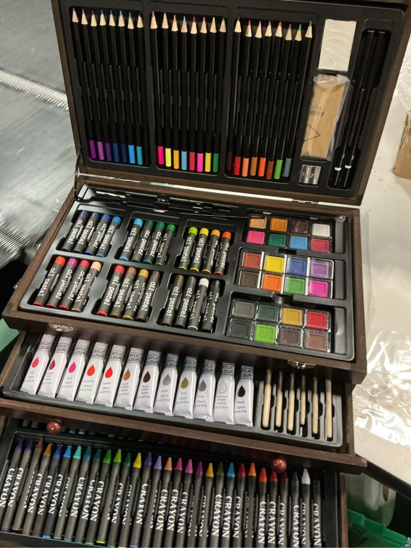 Condition photo showing New/Like New for 142pcs wooden art supplies kit for drawing, sketching & painting – includes pencils, brushes, erasers & more in portable storage box