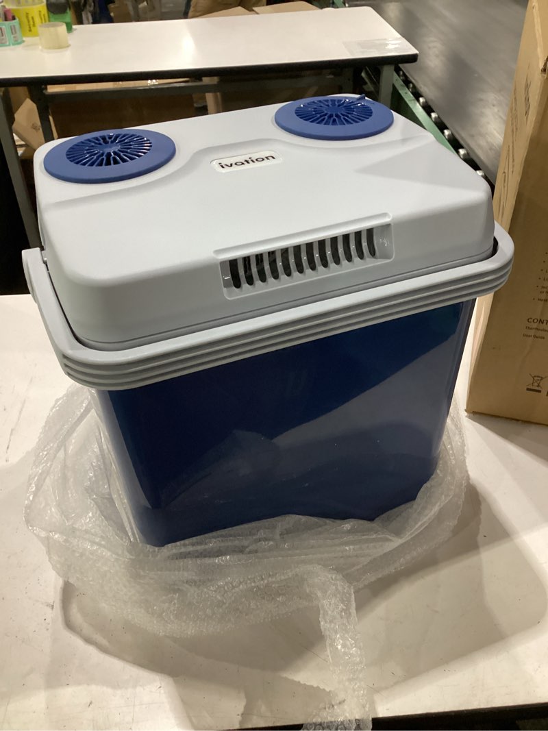 Condition photo showing Good Condition for ivation electric cooler & warmer with handle |27 quart (25 l) portable thermoelectric fridge for vehicles & trucks| 110v ac home power cord & 12v car adapter for camping, travel & picnics